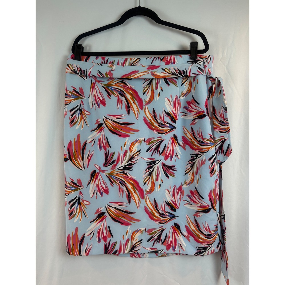 Floral Print Pencil Skirt Light Blue Pink High Waist Tie Belt Mid-Length Size 22